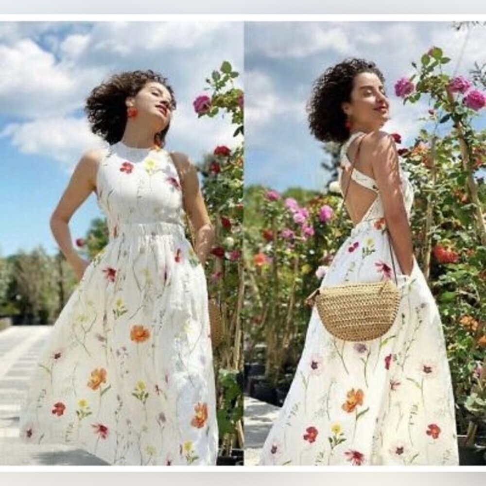 H&M White Linen Cross Back Floral Meadow Midi Maxi Summer Dress Size L